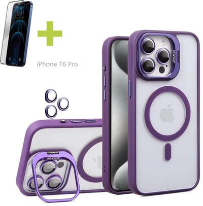 Standaards Hoesje voor iPhone 16 Pro, Compatibel met MagSafe Hoes, Acryl + TPU Case met Metaal Camerafolie, Transparant, Paars - Screenprotector
