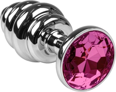 Cupitoys® Metalen buttplug - Zilver - Diamant lichtroze - Geribbeld - Large - Sex toys voor vrouwen - Sex toys voor mannen - Buttplugs
