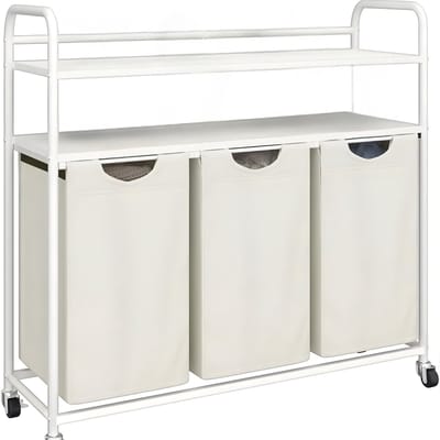 Wasmand – Voor Badkamer & Wasruimte – 3 Compartimenten (3×46L) met 2 Planken, Uitschuifbare Waszak – Ivoor