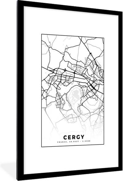 Fotolijst incl. Poster Zwart Wit- Frankrijk - Kaart - Cergy - Plattegrond - Stadskaart - Zwart wit - 80x120 cm - Posterlijst