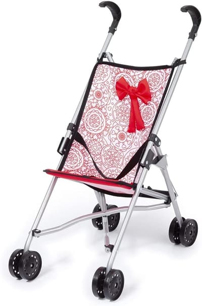 Poppenwagen - Kinderwagen Speelgoed - Poppen Vervoeren - Inklapbaar Design - 55 cm Greephoogte - Roze Strik