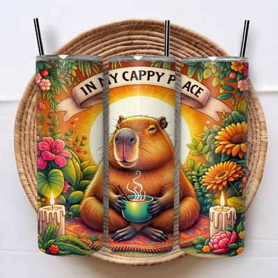Creasowl® - In my Cappy Place - Roestvrijstalen Tumbler - Capybara Geïsoleerde beker - Koffiebeker - Drinkfles - Thermosbeker - 600ml - Warme en koude dranken - Anti lek dop - Ijzeren rietje - schoolbeker - To go beker - Kinderen - Volwassenen