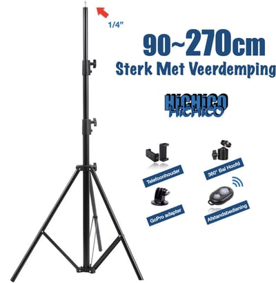 270 cm Dikke Professioneel Statief – Lichtgewicht & Stevig voor Camera, Smartphone, projector en Audio-apparatuur of Compactcamera’s - HiCHiCO® STATIEF STANDAARD, schroef 1.4” met veerdemping,