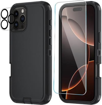 Stravo Heavy Duty Hoes voor iPhone 16 Pro – Zwart – Schok- & Stofbestendig – 3-laags Bescherming met Ingebouwde Screen- & Lensprotector