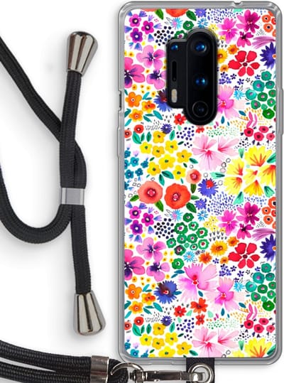 Case Company® - Hoesje met koord geschikt voor OnePlus 8 Pro hoesje met Koord - Little Flowers - Telefoonhoesje met Zwart Koord - Bescherming aan alle Kanten en Over de Schermrand