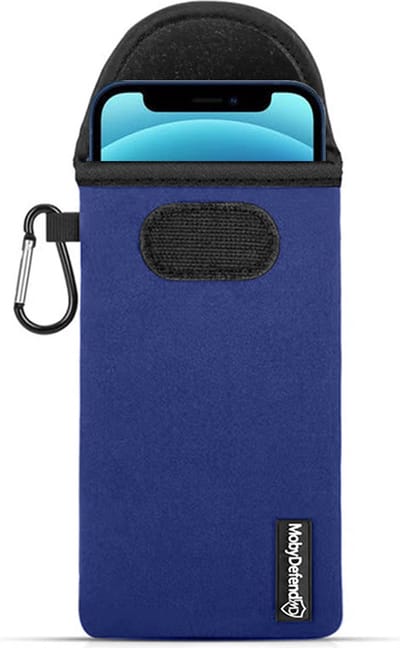 MobyDefend Hoesje - Geschikt voor iPhone 12 Pro - Neopreen Pouch Met Karabijnhaak - Insteek - Riemlus - Blauw