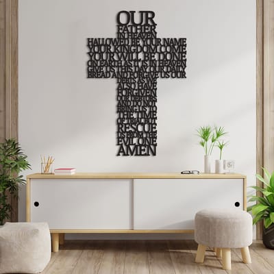 Wanddecoratie Kruis Onze Lieve Vader - Muurdecoratie Kruis - Muurdecoratie Hout - Wanddecoratie Hout - Muurdecoratie Woonkamer - Wanddecoratie Woonkamer - Wanddecoratie Industrieel - Geloof Christendom - Home Decor - Wall Line Art - 86.5 x 59 cm