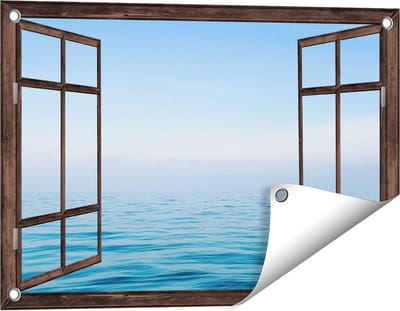 Gards Tuinposter Doorkijk Zee met een Blauw Hemel Achtergrond - 60x40 cm - Tuindoek - Tuindecoratie - Wanddecoratie buiten - Tuinschilderij