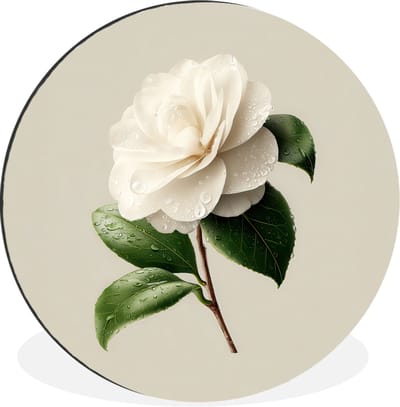 WallCircle - Wandcirkel - Muurcirkel - Cameliabloem - Wit - Groen - Aluminium - Dibond - 30x30 cm - Binnen en Buiten