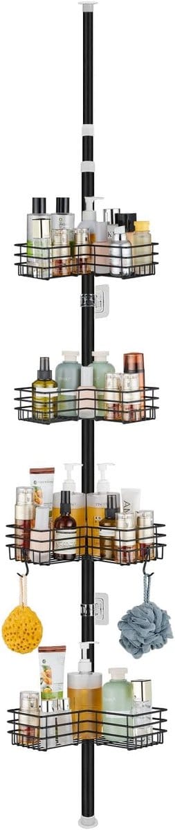 SnelShoppen - Telescopische Doucheplank zonder Boren, Verstelbaar van 85-325 cm, Metalen Hoekrek met 4 Manden, Ideaal voor Badkamer en Douche, Ruimteb