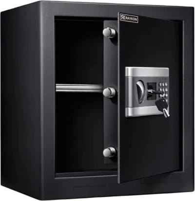 Raykon Grotere Elektronische Kluis met Cijferslot - Kluisje met Sleutel - Code Geld Kluis Brandwerend - Zwart - 35x31x45 cm
