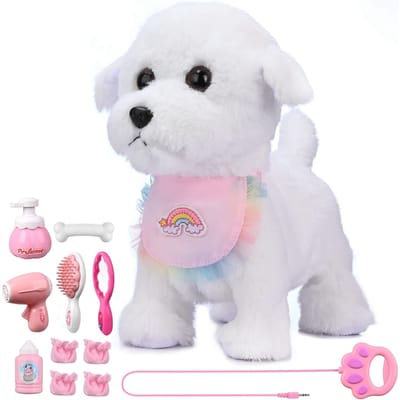 Jouet interactif électronique Chien en Peluche pour Enfant Secoue la Queue Habillage Prétendu Chien en Peluche à Promener Aboyant Jouet Chien avec Laisse blanc