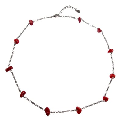 Kabelketting met rode natuurstenen, Ketting Dames, RVS - Verstelbaar 45- 50 cm – Handgemaakt door esde2