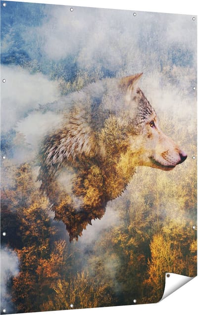 Gards Tuinposter Wolvenkop op een Herfstbos - Wolf - Abstract - 120x160 cm - Tuindoek - Tuindecoratie - Wanddecoratie buiten - Tuinschilderij