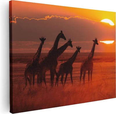 Artaza Canvas Schilderij Afrika - 40x30 cm - Klein - Wanddecoratie Giraffe - Muurdecoratie Zonsondergang - Kamer Accessoires Dieren