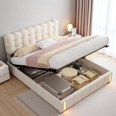 Opbergbed 160x200 cm beige fluweel met hydraulische opbergruimte, LED-verlichting en gestoffeerd hoofdbord, modern tweepersoonsbed