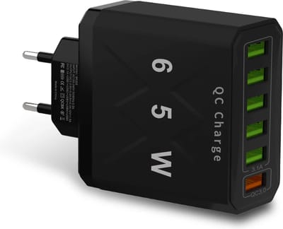 DrPhone MultiCharge Pro2 - 6 in 1 Oplaadadapter - 5 USB 3.1A-poorten en 1 USB QC 3.0 snellaadpoort – Ingbouwde Bescherming – Zwart