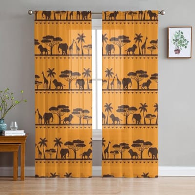 Afrikaanse Etnische Leeuw Olifant Giraffe Boom Tule Doorzichtige Gordijnen voor Woonkamer Slaapkamer Keuken Decoratie Voile Organza Gordijnen 135W x 137H(cm)