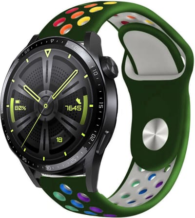 Strap-it Siliconen sport bandje - geschikt voor Huawei Watch GT / GT 2 / GT 3 (Pro) - 46mm / GT 4 46mm / GT 5 (Pro) - 46mm / GT 4 46mm / GT 2 Pro / GT Runner / Watch 3 - Pro / Watch 4 (Pro) / Watch Ultimate - legergroen/kleurrijk