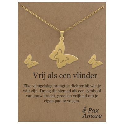 Stainless Steel Vlinder Ketting + Oorbellen Setje op Cadeau Kaartje - Vrij als een vlinder - 45 cm ketting & ± 10x10mm Oorknopjes - Goudkleurig Roestvrij Staal - Pax Amare
