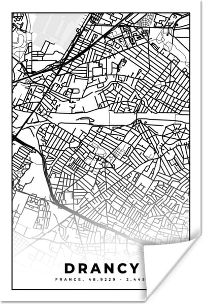Poster Kaart - Plattegrond - Drancy - Frankrijk - Stadskaart - Zwart wit - 120x180 cm XXL