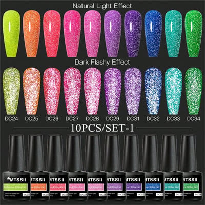 Set van 10 neon reflecterende glitter gelnagellakken met roze pailletten, UV-bestendige nagelgel voor semi-permanente nageldecoratie.