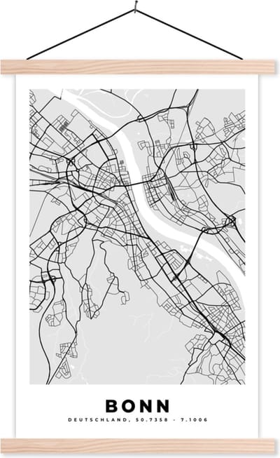 Posterhanger incl. Poster 40x60 cm - Schoolplaat - Duitsland - Stadskaart - Plattegrond - Bonn - Kaart - Textielposter - Blanke latten - Stadskaart