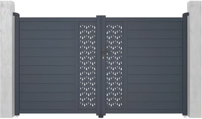 Vente-unique Draaipoort van aluminium met motieven - Halfopengewerkt - L. 305 x H. 181 cm - Antraciet - GREGOR