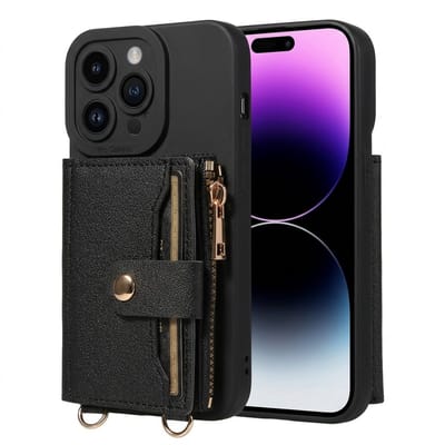 Zwart telefoon hoesje met portemonnee en koord geschikt voor iPhone 16 Pro – faux leren wallet case met pasjeshouder, drukknoopsluiting en beschermende backcover