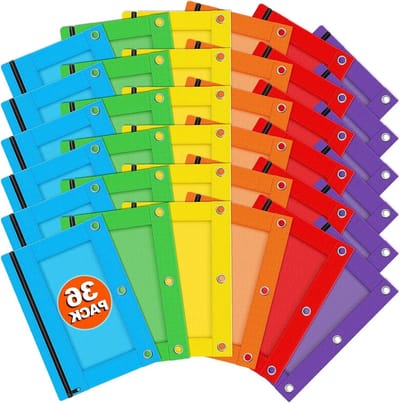 Officygnet Potloodzakje met 3 ringen, 36 stuks bulketui met rits in 6 kleuren, potloodzakjes met doorzichtig venster voor het opbergen van schoolkantoorbenodigdheden, stoffen etui voor 3-gaats binder