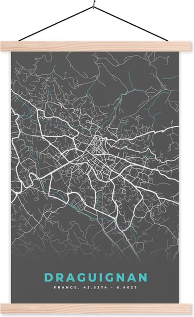 Posterhanger incl. Poster 40x60 cm - Schoolplaat - Draguignan - Kaart - Stadskaart - Kaart - Frankrijk - Textielposter - Blanke latten
