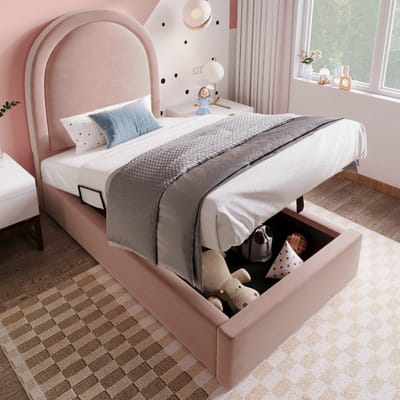 VVBV Gestoffeerd kinderbed, eenpersoonsbed 90 x 200 cm, roze, fluweel voor jongens en meisjes (zonder matras)