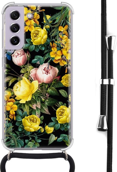 Hoesje met koord - Geschikt voor Samsung Galaxy S21 FE - Bloemen geel - Verstelbaar zwart koord - Crossbody - Bloemen - Transparant, Geel - Leuke Telefoonhoesjes