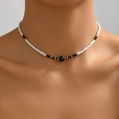 Zwart wit ketting dames kralen ketting choker met zwarte kraal minimalistische ketting verstelbare hals ketting fijne kralen ketting trendy sieraden accessoire