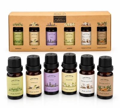 Set van 6 Geuroliën 10 ml – Home Perfume Aroma Olie Set – Bamboe, Fresh Cotton, Jasmijn, Sandelhout, Vanille & Salie – Inclusief Geschenkdoos