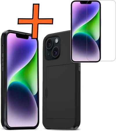 Hoesje Geschikt voor iPhone 14 Hoesje Pasjeshouder Shockproof Hard Case Met Screenprotector - Hoesje Geschikt voor iPhone 14 Hoes Met Kaarthouder - Zwart