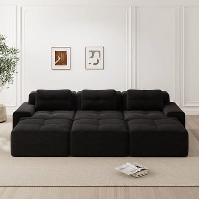 MODFU Modulaire Hoekbank – 293x177x69 cm – met diepe zitting en slaapfunctie – zachte ribstof – minimalistisch design – comfortabele sofa – Zwart