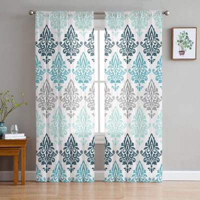 Damast Barok Verloop Aqua Transparante Gordijnen voor Woonkamerdecoratie Raamgordijnen voor Keuken Tule Voile Organza Gordijnen W135 x H115cm x1 white