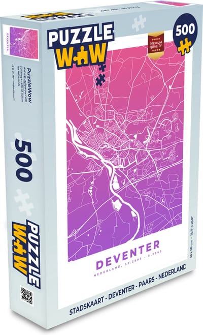 Puzzel Stadskaart - Deventer - Paars - Nederland - Legpuzzel - Puzzel 500 stukjes - Plattegrond