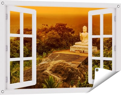 Gards Tuinposter Doorkijk Boeddha Beeld bij een Tempel in het Bos - 90x60 cm - Tuindoek - Tuindecoratie - Wanddecoratie buiten - Tuinschilderij