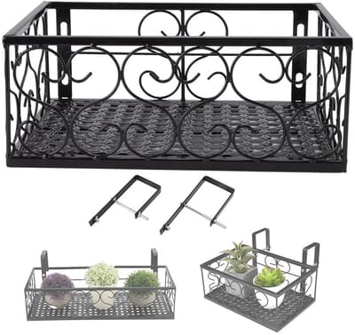 Dailygoods- Bloemenrek - Zwart Metalen Bloempotstandaard - Decoratieve Relingplank - Voor Balkon/Tuin - 30x20x12cm - Duurzaam IJzer - Plantenstandaard