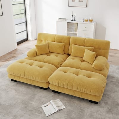 Wishdor - Modulaire Bank - Met Verplaatsbare Ottomans En Diepe Zitting - Vintage - Voor Woonkamer - Chenille - Geel