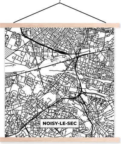 Posterhanger incl. Poster 40x40 cm - Schoolplaat - Frankrijk - Plattegrond - Stadskaart - Noisy-le-Sec - Kaart - Zwart wit - Textielposter - Blanke latten - Stadskaart