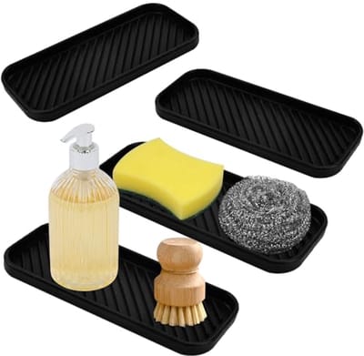 Siliconen Afdruipmat 4 Stuks voor Gootsteen en Keuken - Zwart - 23 x 9 cm - Perfect voor Sponzen en Zeep