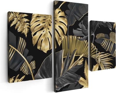 Artaza Canvas Schilderij Drieluik Gouden Tropische Bladeren - 90x60 - Foto Op Canvas - Canvas Print