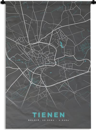 Wandkleed - Wanddoek - Stadskaart – Grijs - Kaart – Tienen – België – Plattegrond - 120x180 cm - Wandtapijt