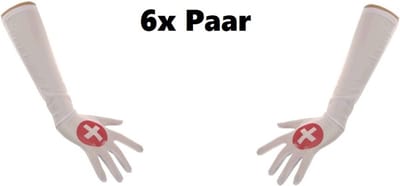 6x Paar Handschoenen verpleegster lang satijn - Carnaval thema feest optocht festival themaparty