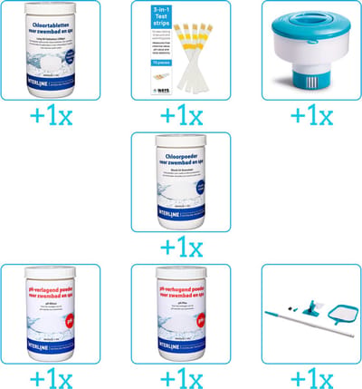 Zwembad Onderhoudspakket - Onderhoud Zwembad - bevat Chloor - Testrips - Chloordrijver - Chloor - PH-min - PH-plus en Schoonmaakset (7-delig)