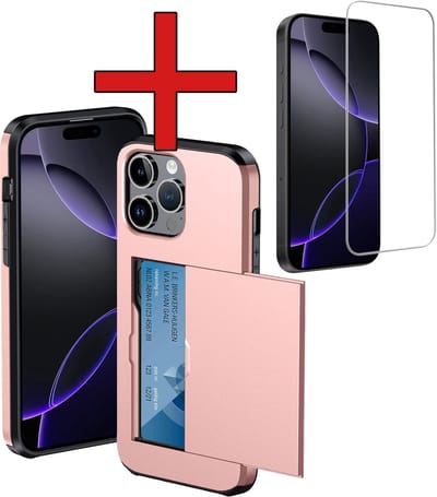 Hoesje Geschikt voor iPhone 16 Pro Hoesje Met Pasjeshouder Hard Case Met Kaarthouder Met Screenprotector - Hoes Geschikt voor iPhone 16 Pro Hoesje Pashouder Case - Rosé goud
