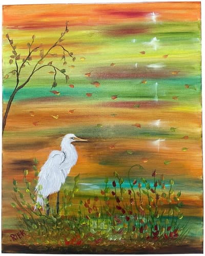 Olieverf Schilderij Witte Reiger – Handgeschilderd Kunstwerk – 40 x 50 cm – Riek van de Bor